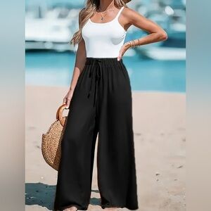 Long Length Elegant Wide Leg Pants - Soft Polyester, Fake Drawstring,